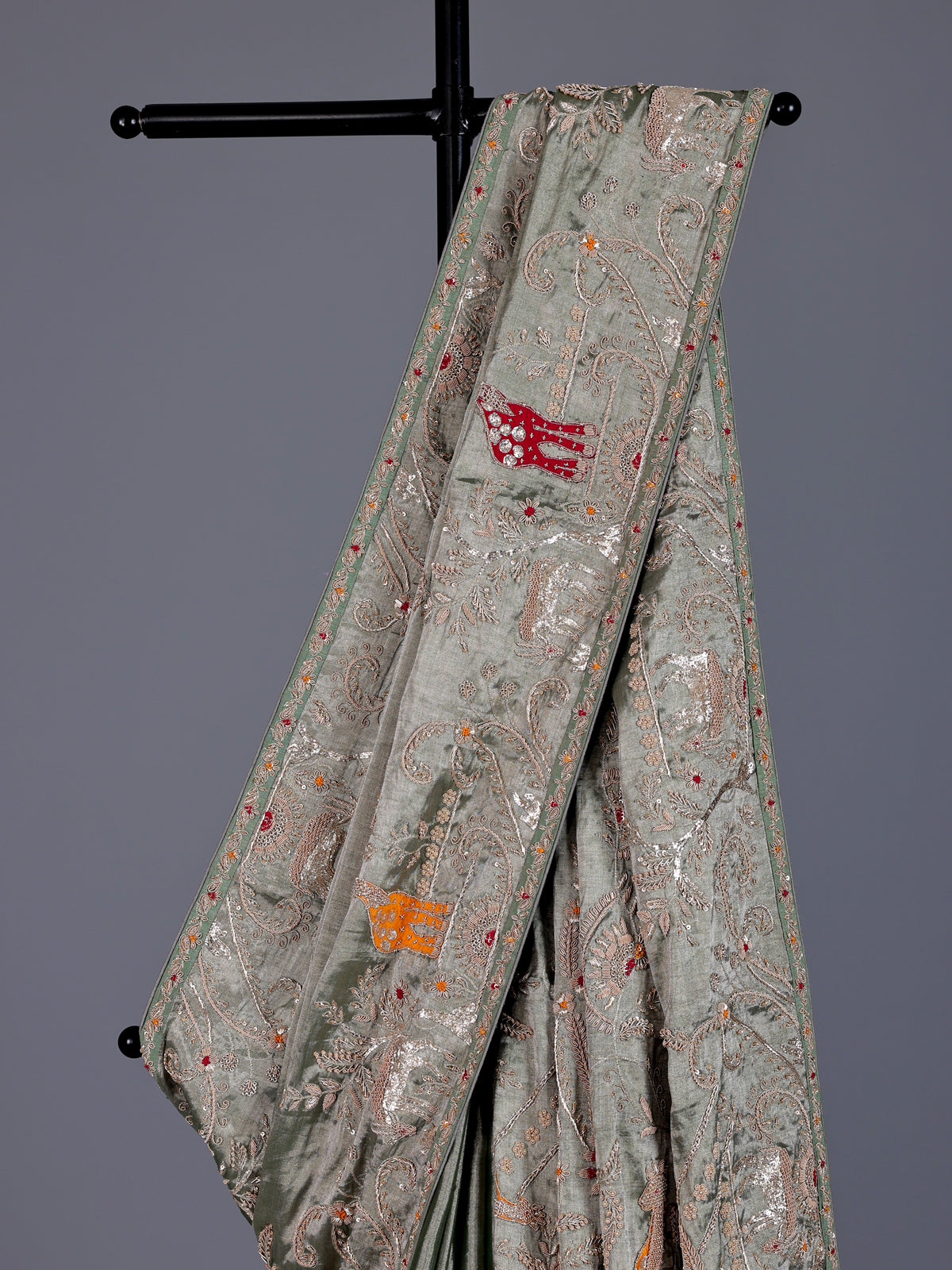 Sage green tissue silk animal motif festive saree women