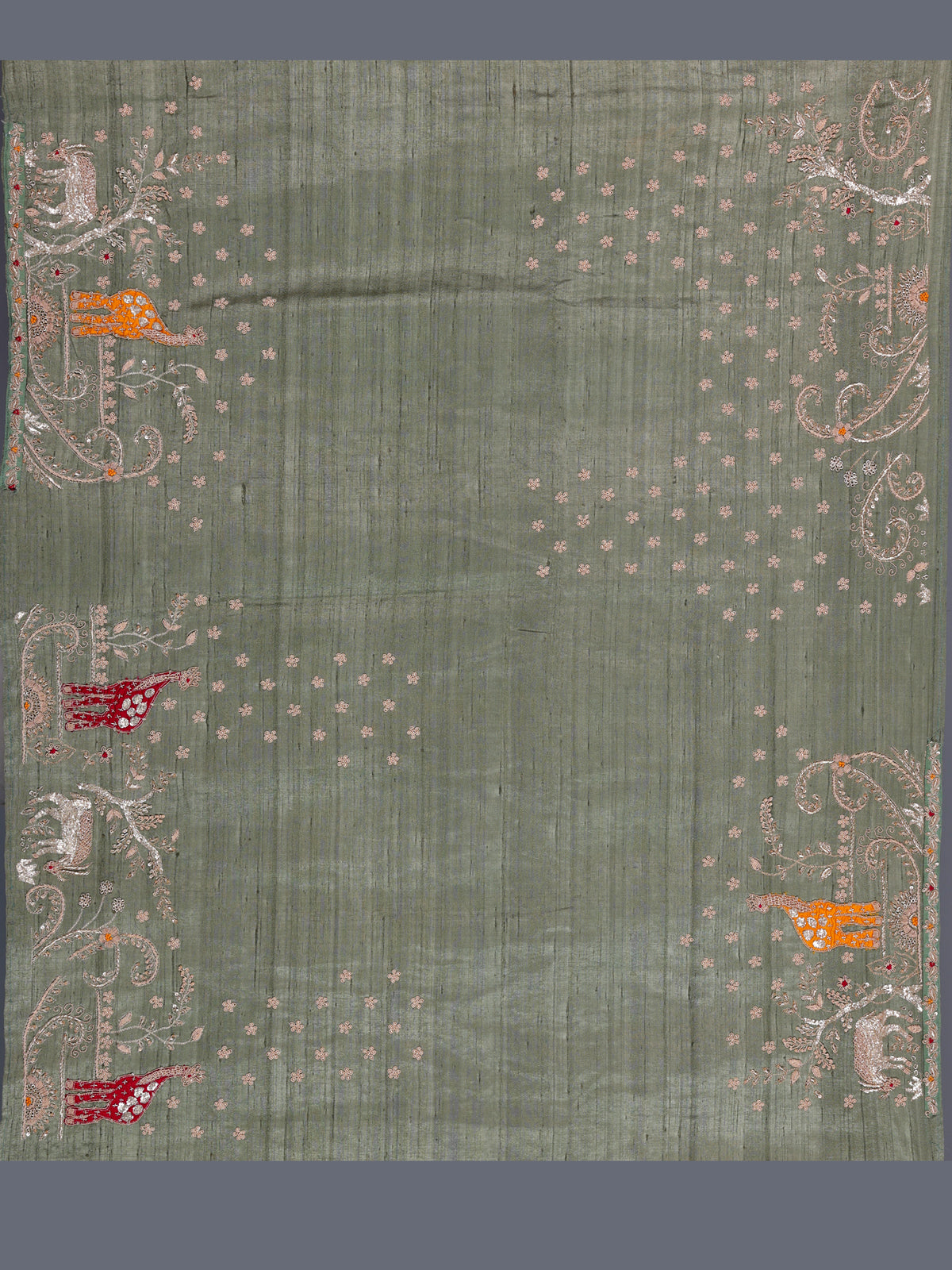 Sage green tissue silk animal motif festive saree women
