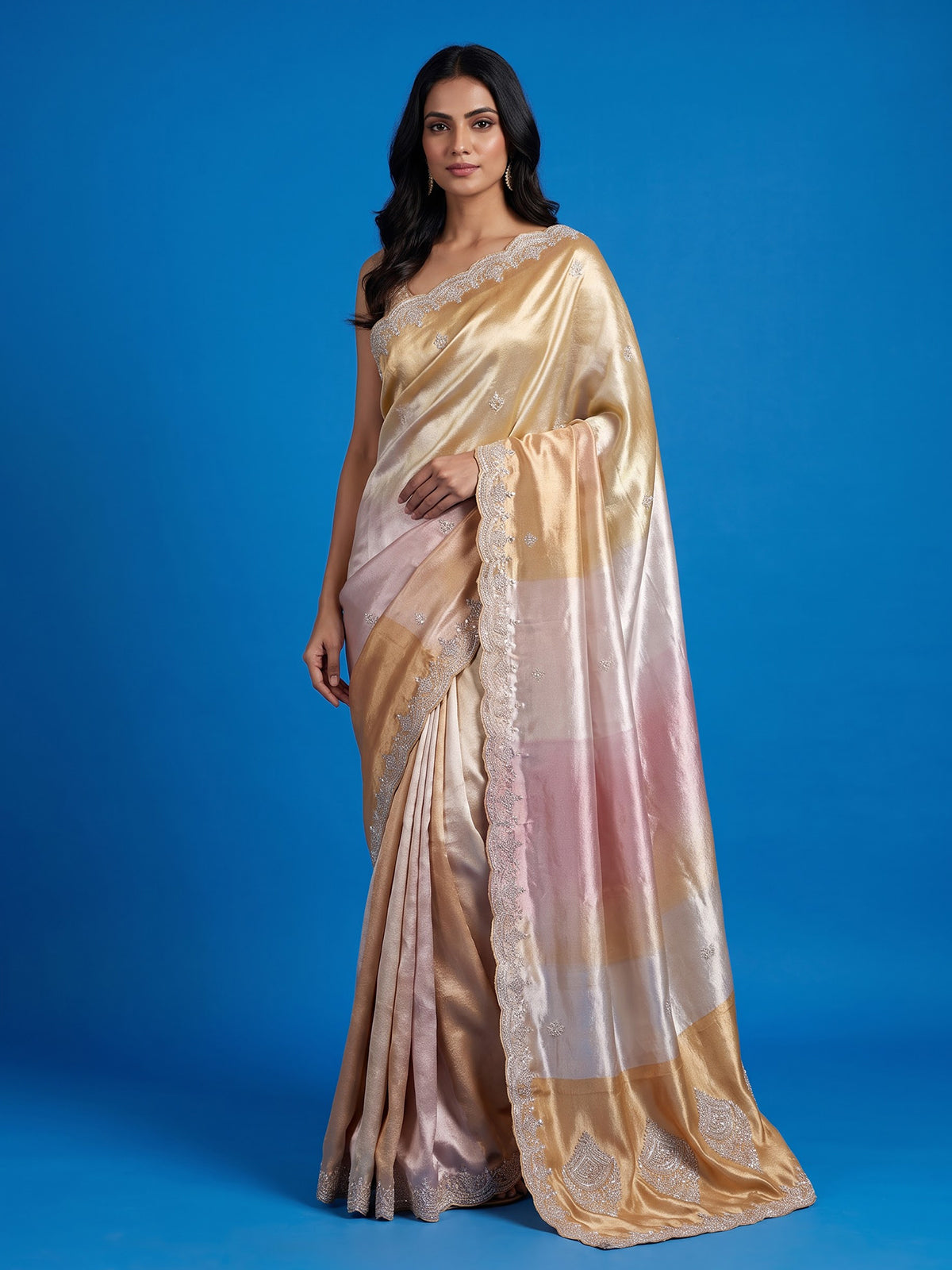 Pastel pink ziraf tissue silk color block festive saree