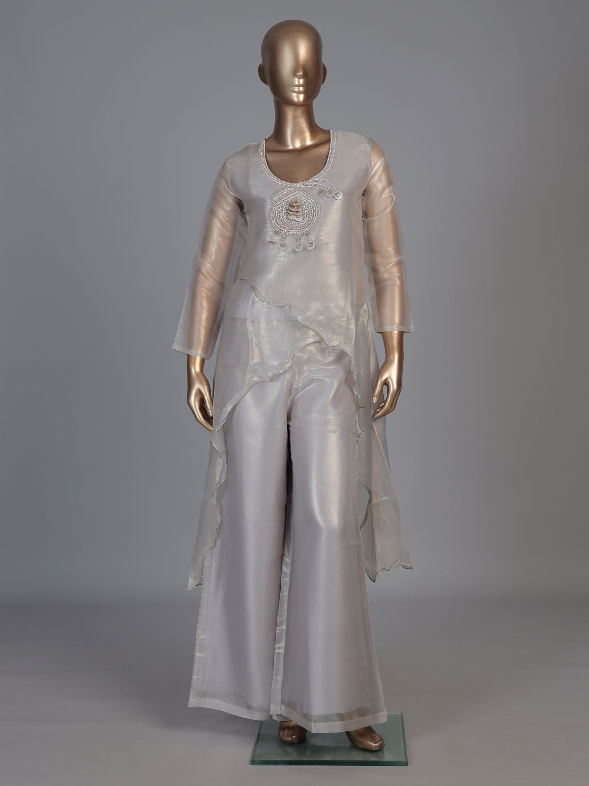 Pastel grey organza tissue designer festive palazzo suit