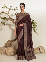 Brown dola silk saree with floral tassel embellished design