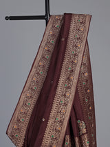 Brown dola silk saree with floral tassel embellished design