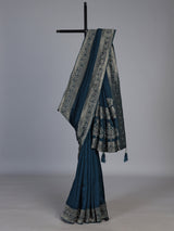 Teal blue dola silk saree with floral tassel designer work