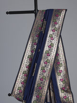 Navy paithani silk saree with elegant floral zari design
