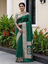 Green paithani silk saree with floral motifs and rich zari