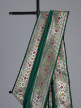 Green paithani silk saree with floral motifs and rich zari
