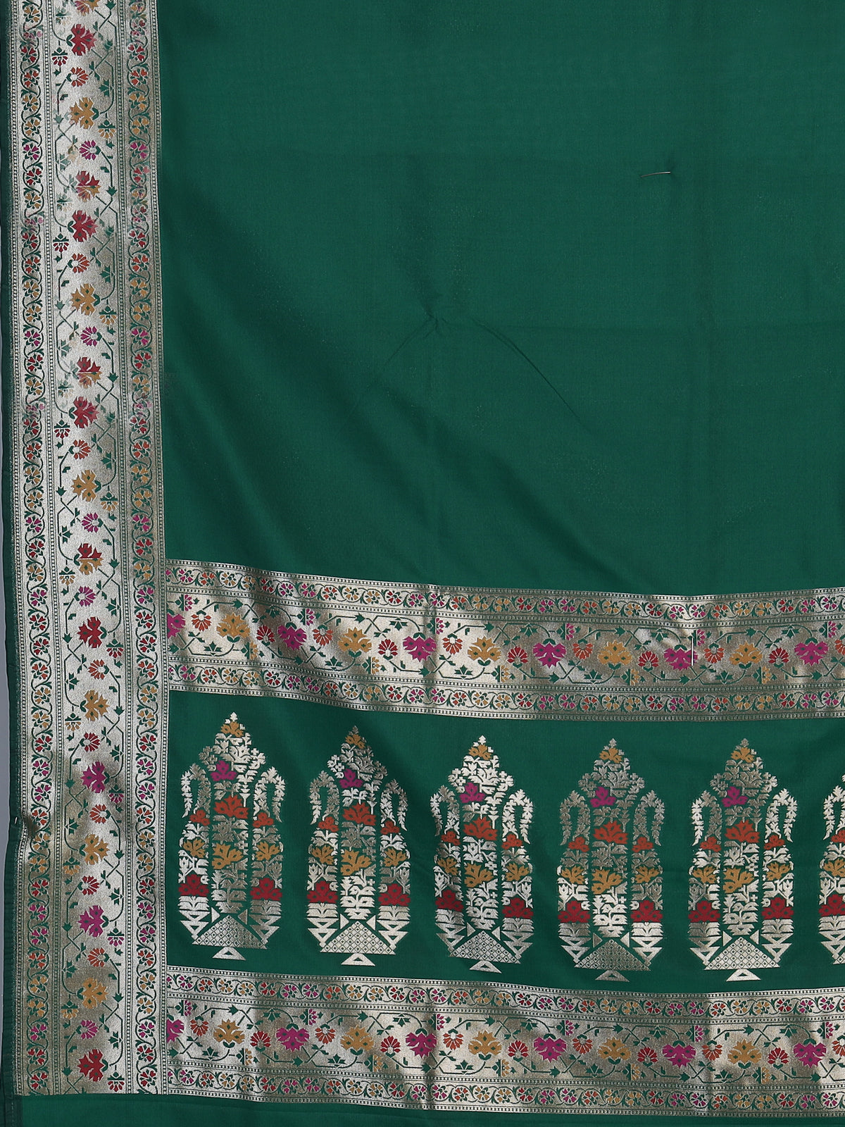 Green paithani silk saree with floral motifs and rich zari