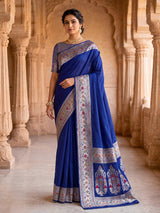 Blue paithani silk saree with floral motifs and zari elegance