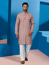 Brown silk printed festive kurta suit for men with mandarin collar elegance