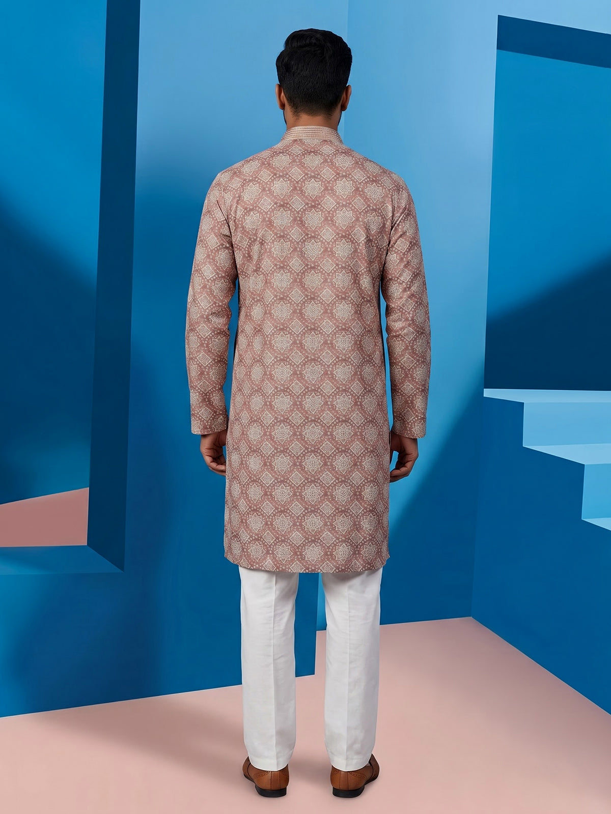 Brown silk printed festive kurta suit for men with mandarin collar elegance
