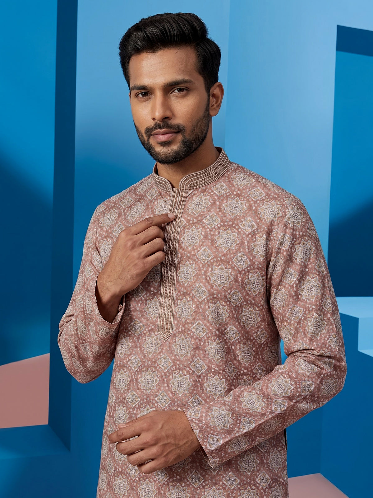 Brown silk printed festive kurta suit for men with mandarin collar elegance