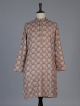 Brown silk printed festive kurta suit for men with mandarin collar elegance