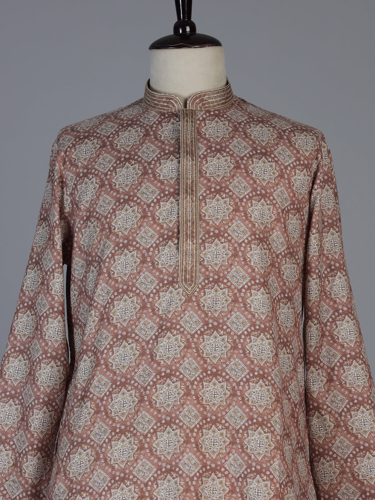 Brown silk printed festive kurta suit for men with mandarin collar elegance