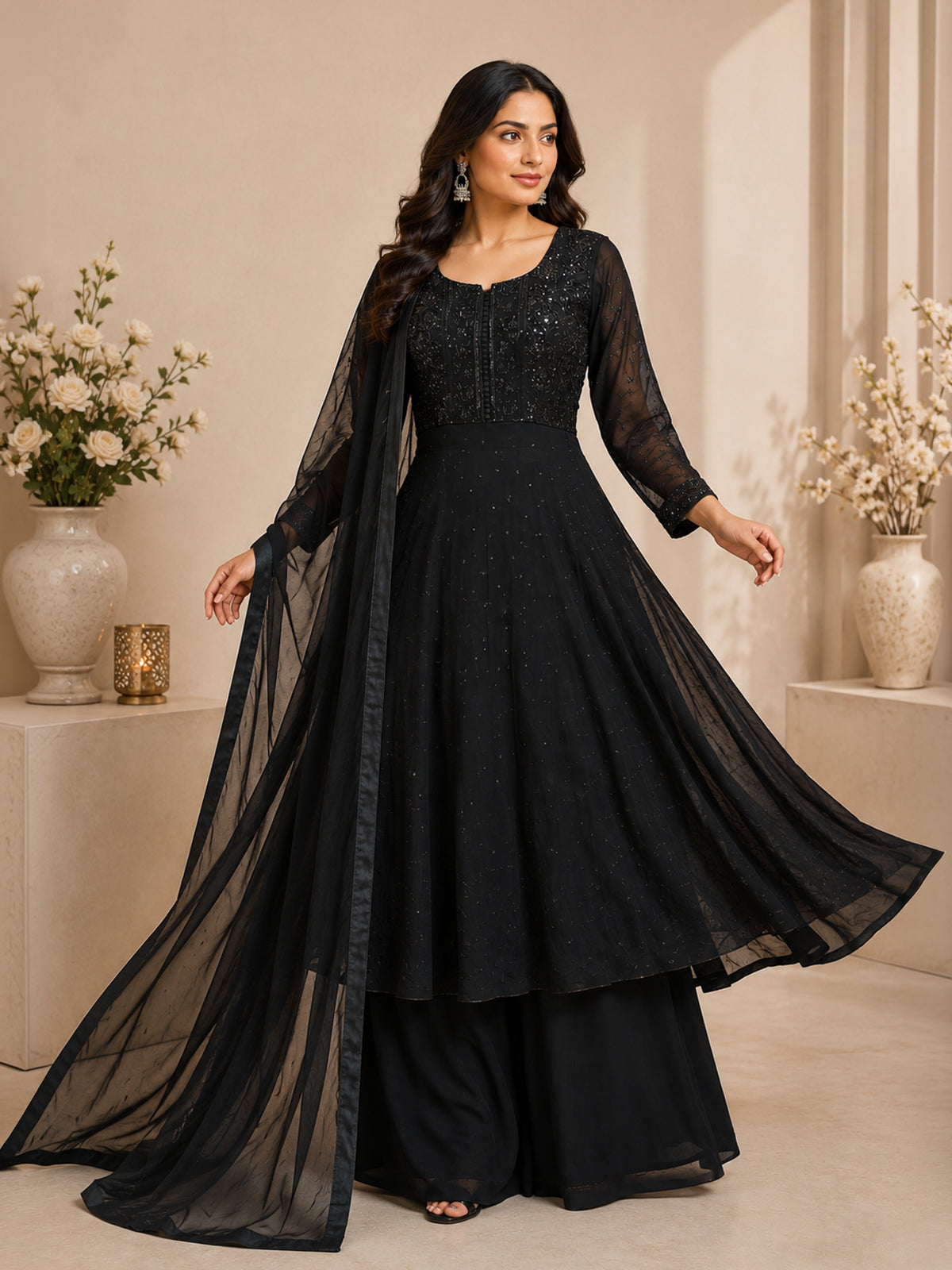 Elegant black chiffon anarkali palazzo suit women
