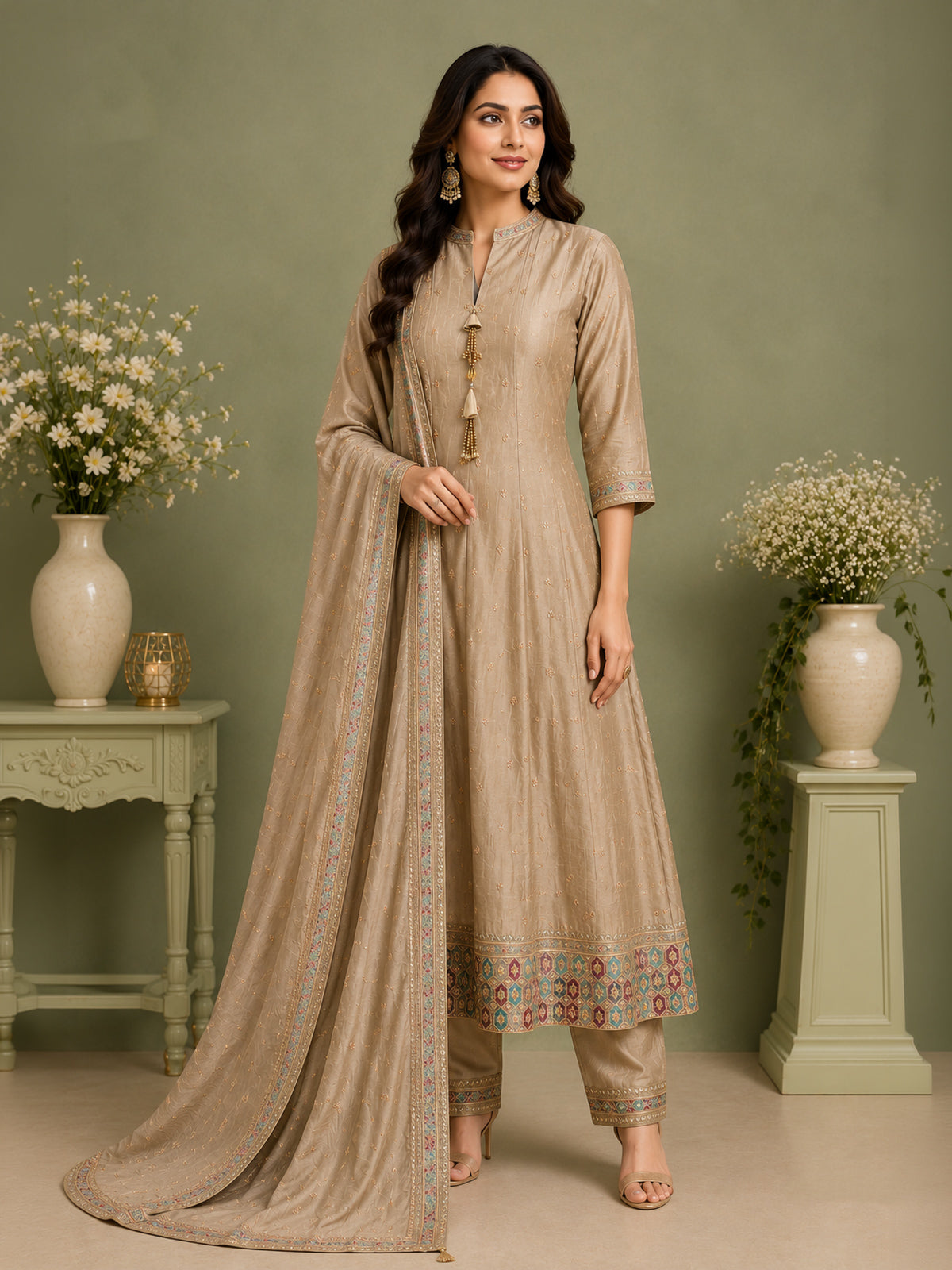Regal beige embroidered anarkali salwar suit for women
