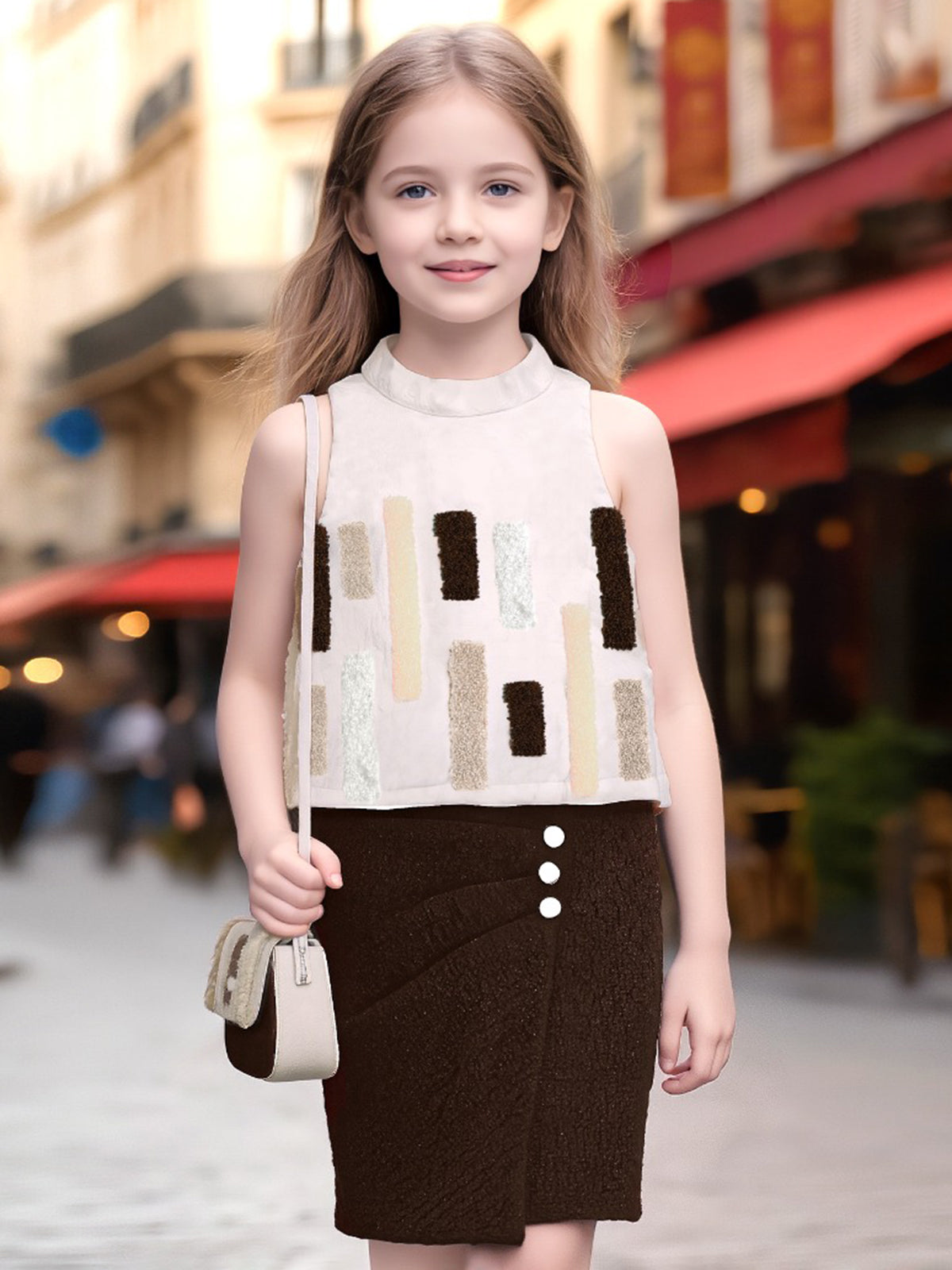 Brown patch work knitted midi dress for girls