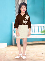 Brown knitted midi dress with georgette jacket for girls