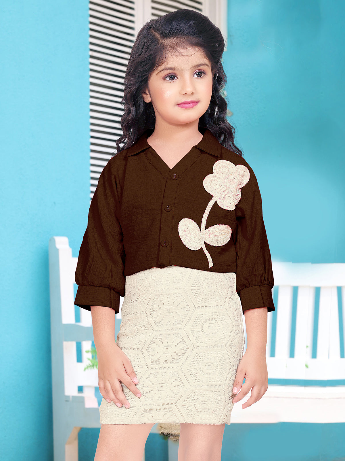 Brown knitted midi dress with georgette jacket for girls