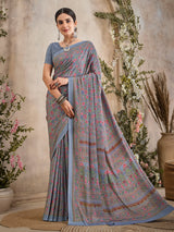Pastel grey floral printed crepe silk casual saree