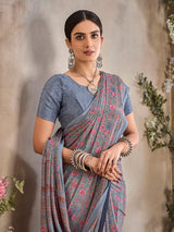 Pastel grey floral printed crepe silk casual saree