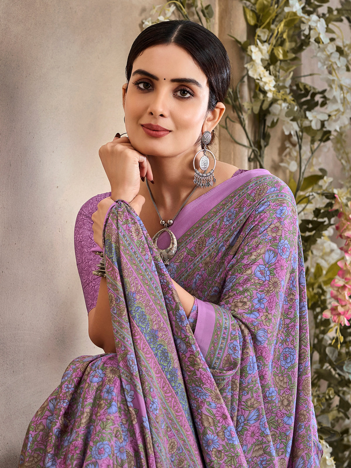 Lavender purple floral printed crepe silk