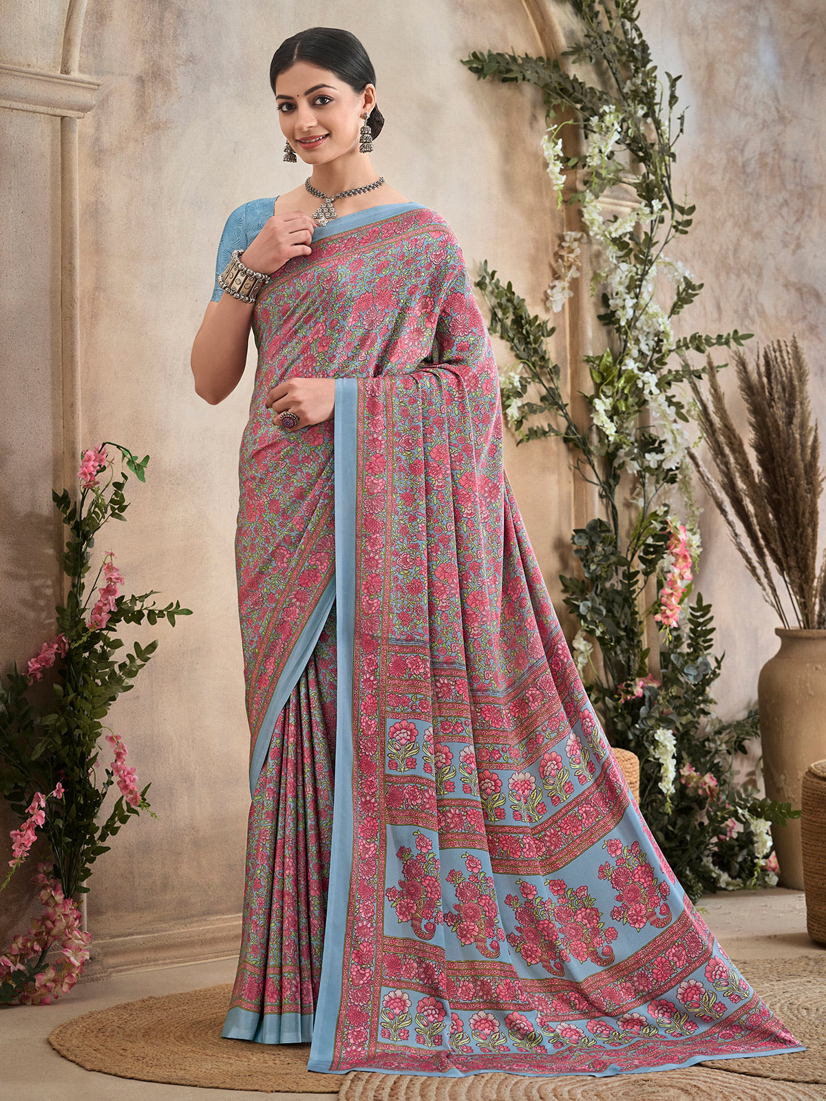 Grey and maroon floral printed crepe silk casual saree