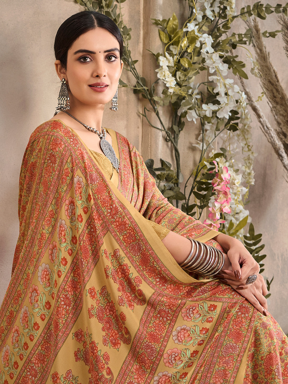 Khaki color floral printed crepe silk casual saree