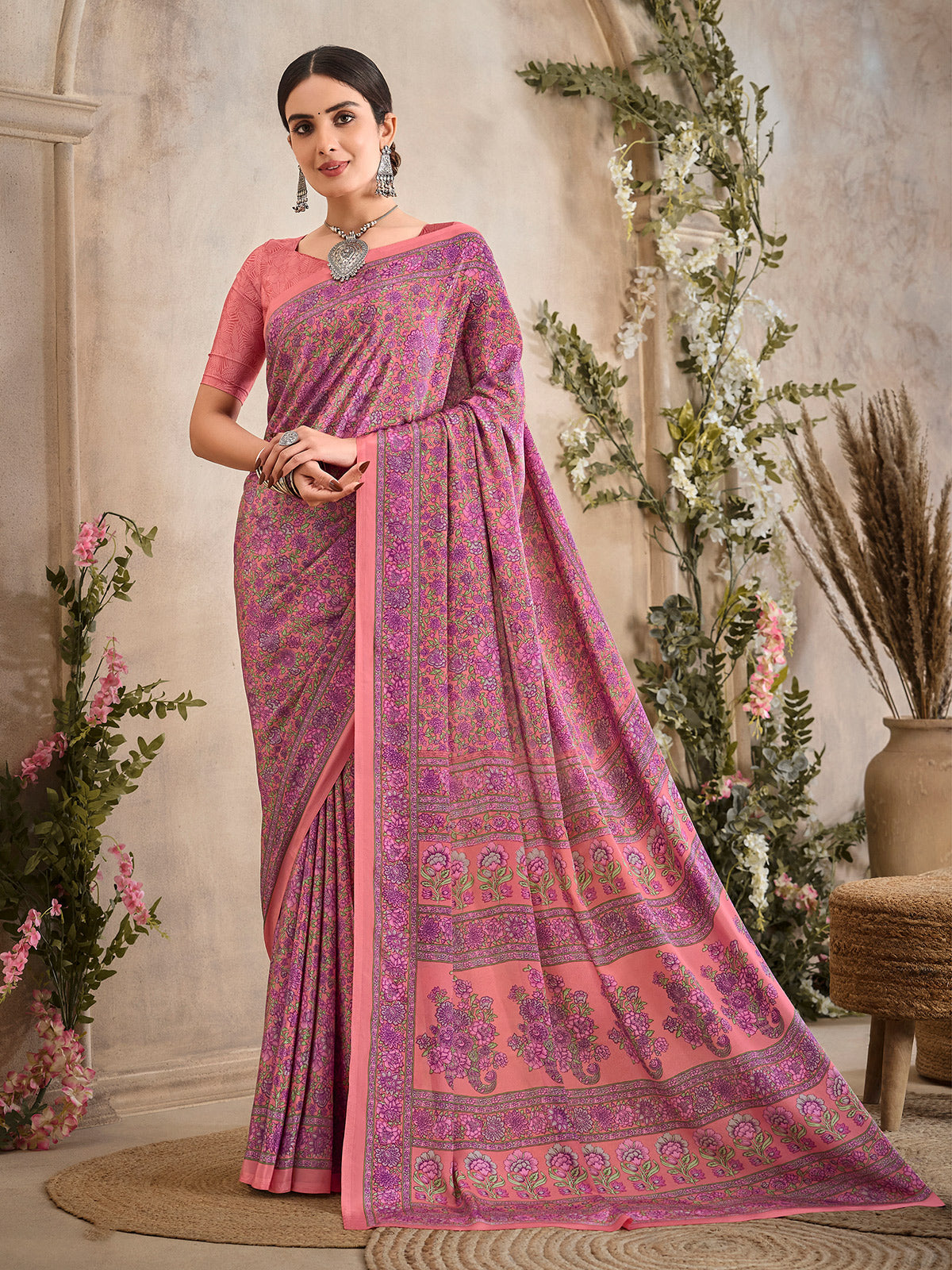 Purple and peach floral printed crepe silk casual saree
