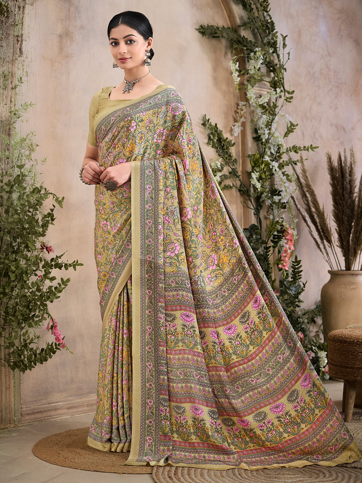 Beige floral printed crepe silk casual saree