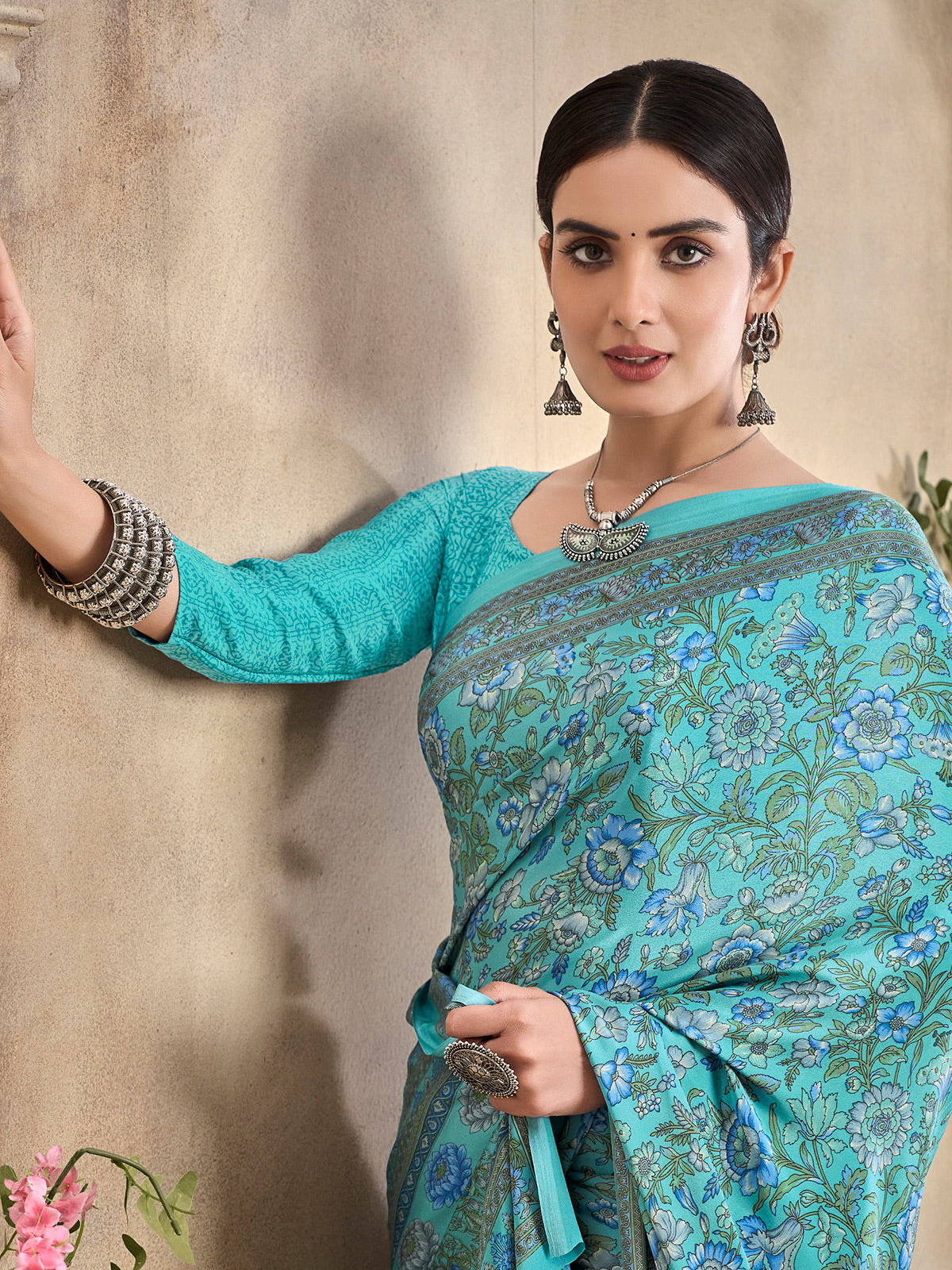 Aqua blue floral printed crepe silk casual saree