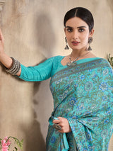 Aqua blue floral printed crepe silk casual saree