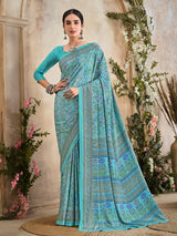 Aqua blue floral printed crepe silk casual saree