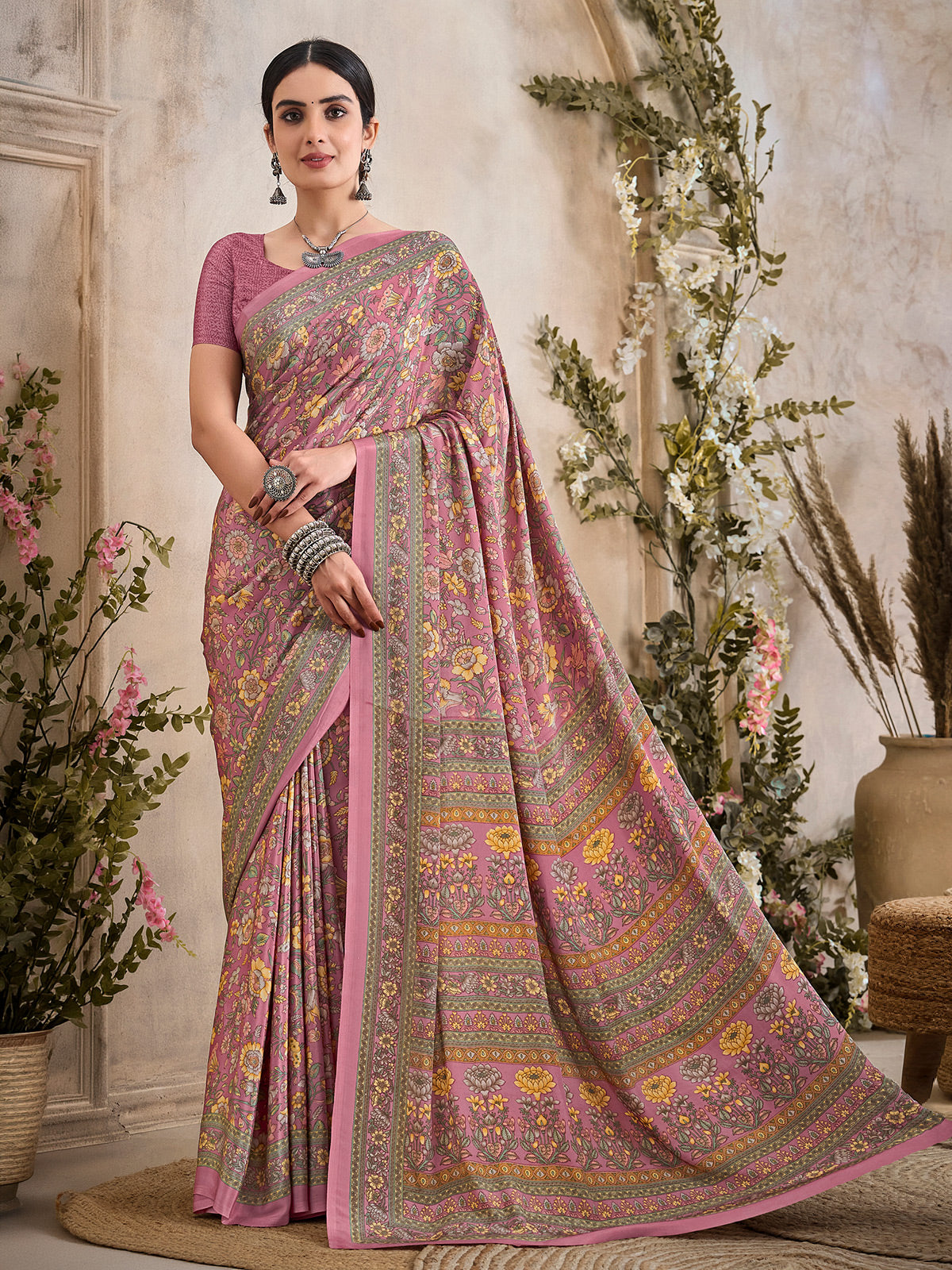 Onion pink floral printed crepe silk casual saree
