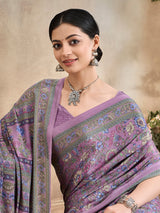 Lilac purple floral printed crepe silk casual saree