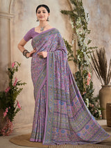 Lilac purple floral printed crepe silk casual saree