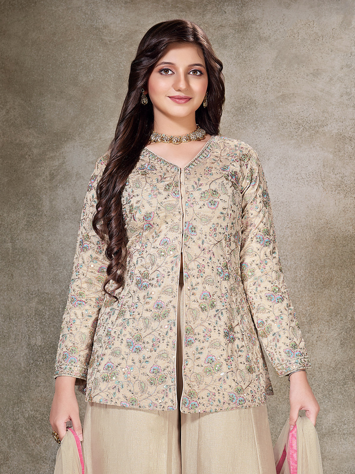 Cream crepe silk embroidered girls palazzo suit with dupatta