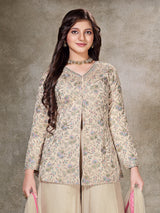 Cream crepe silk embroidered girls palazzo suit with dupatta