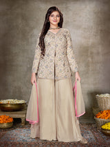 Cream crepe silk embroidered girls palazzo suit with dupatta