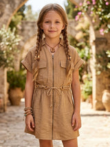 Beige beads work cotton silk dress for girls
