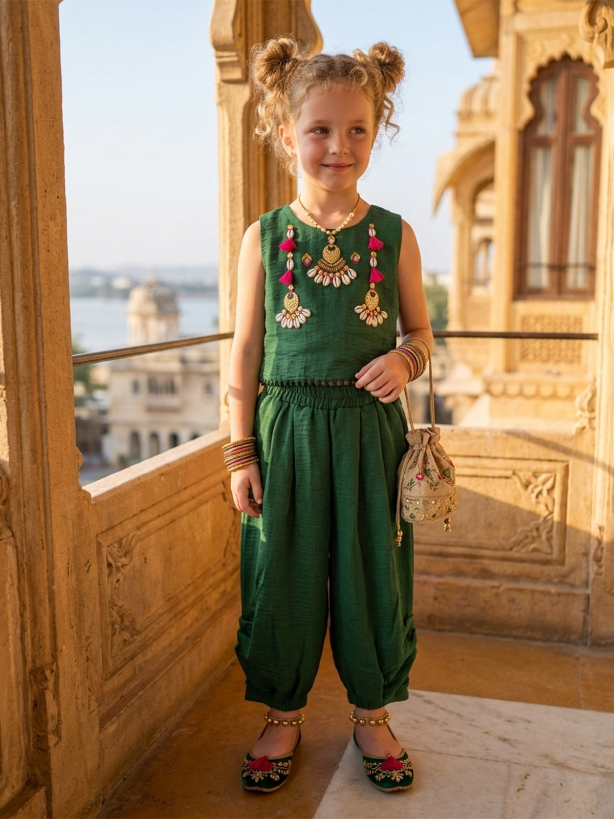 Green cowrie shell dhoti co-ord set for girls