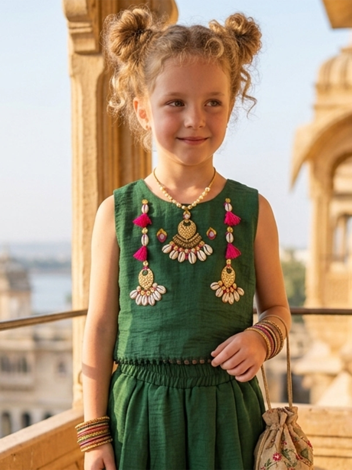 Green cowrie shell dhoti co-ord set for girls