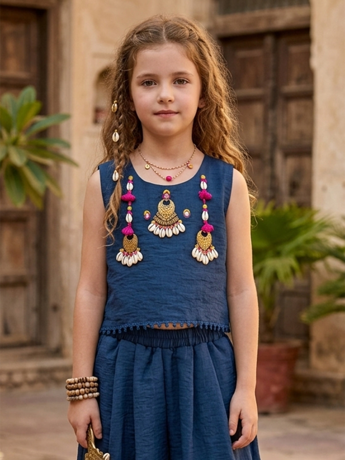 Blue cowrie shell dhoti co-ord set for girls