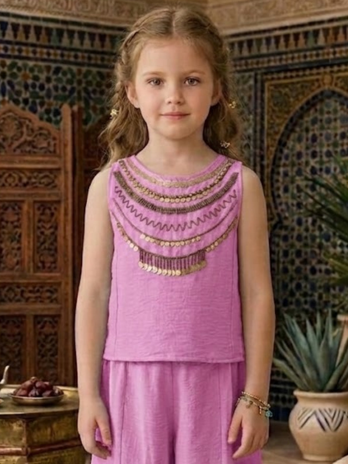 Pink embellished dhoti co-ord set for girls