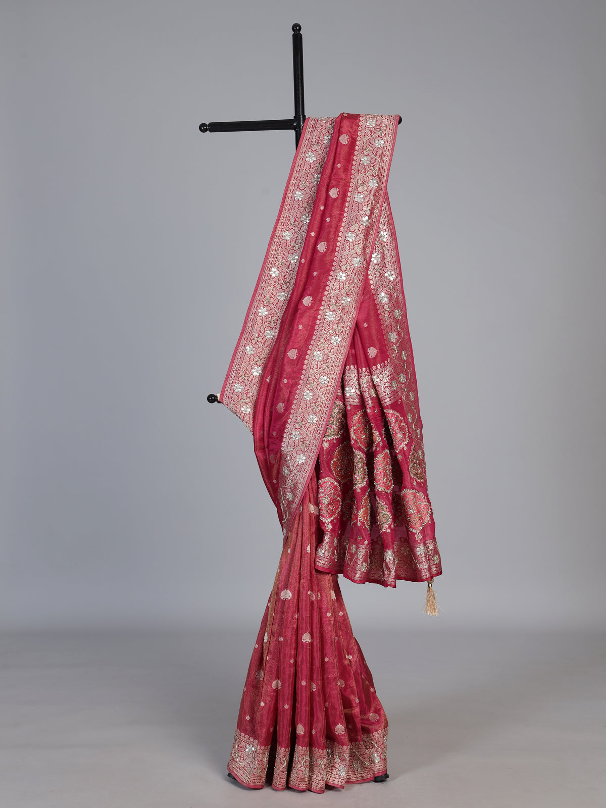 Pink dola silk saree with floral butti designer elegance