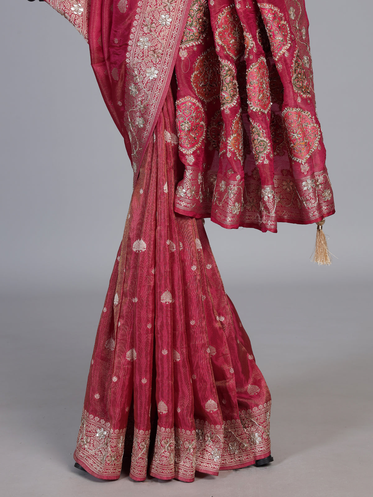 Pink dola silk saree with floral butti designer elegance