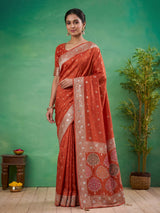 Rust orange dola silk saree with floral butti handwork