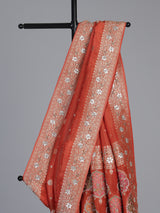Rust orange dola silk saree with floral butti handwork