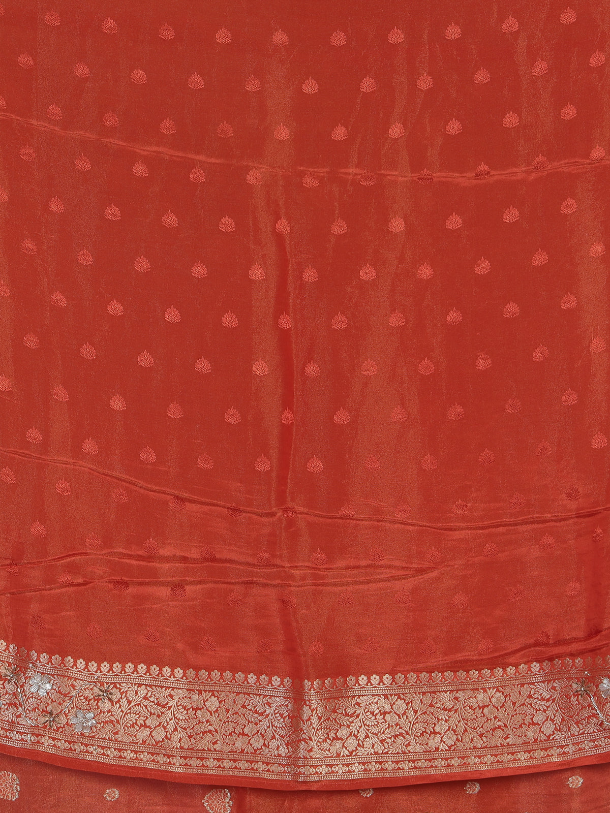 Rust orange dola silk saree with floral butti handwork