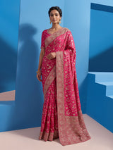 Deep rani pink dola silk floral designer festive saree