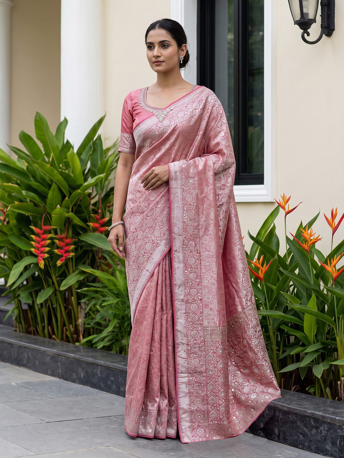 Rani pink kanjivaram tissue silk embellished festive wedding saree